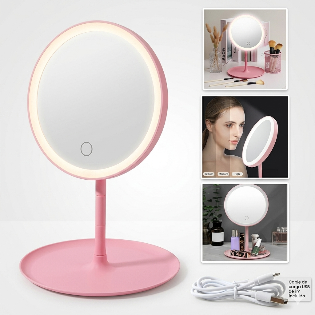 Espejo Maquillaje Redonda Rosa LED 360