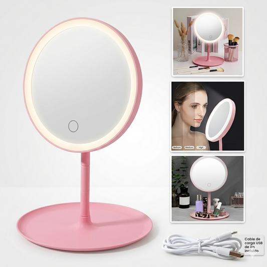 Espejo Maquillaje Redonda Rosa LED 360