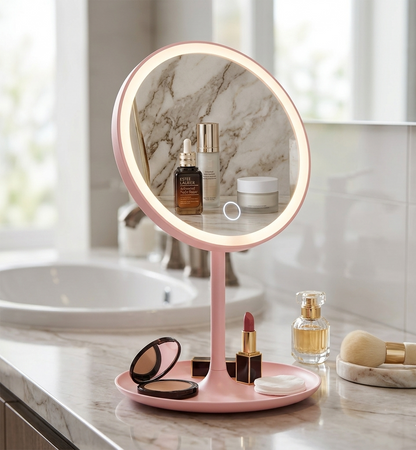 Espejo Maquillaje Redonda Rosa LED 360